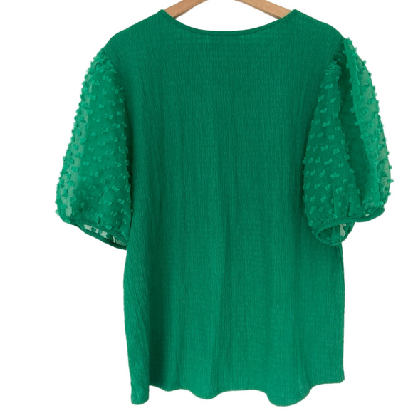 KIM & CAMI KELLY GREEN TOP/BLOUSE WITH SHEER CHIFFON STATEMENT SLEEVES, XL - Picture 2 of 10